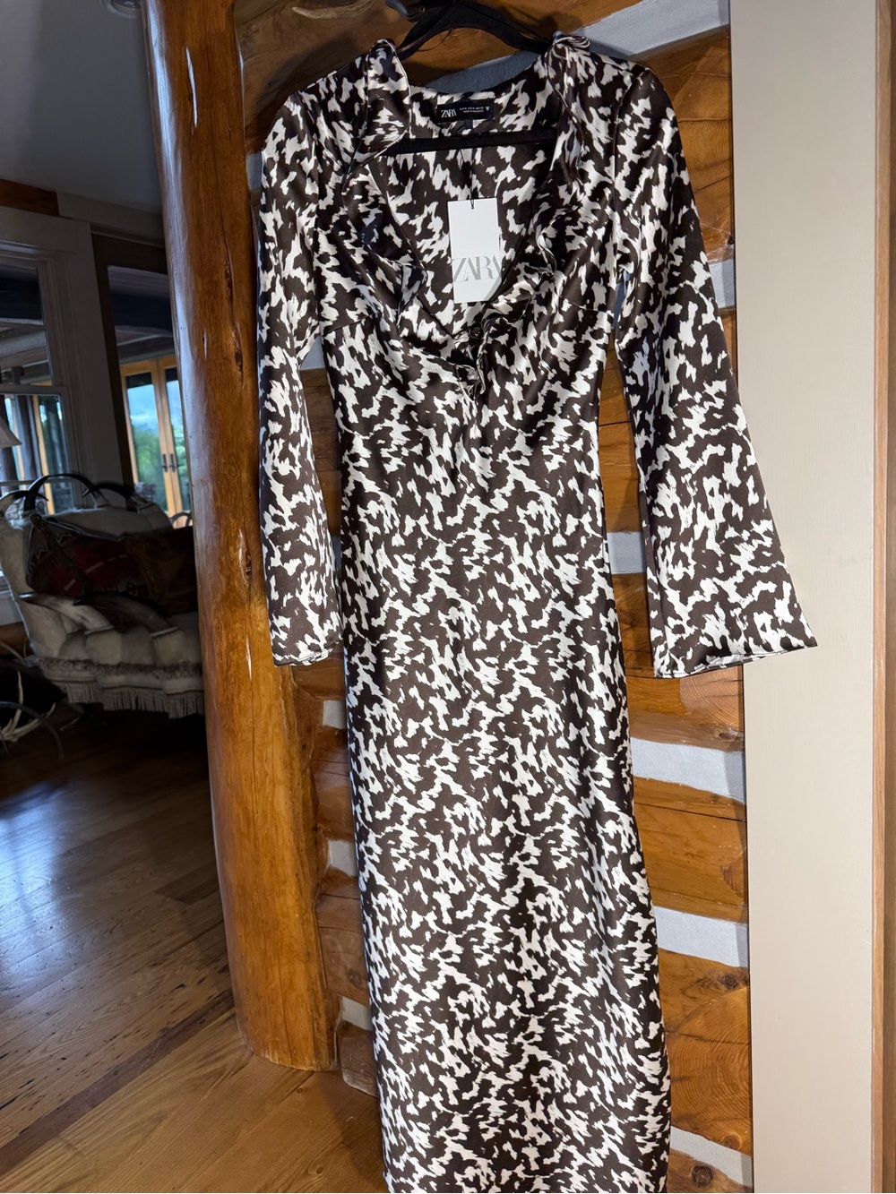 Zara NWT Brown and White Abstract Print Long Sleeve Midi Dress MEDIUM